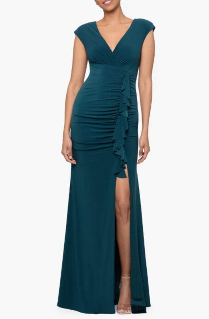 XSCAPE Women's Ruffle Front Gown Dress Size 4 Pine Green Long Dress NWT